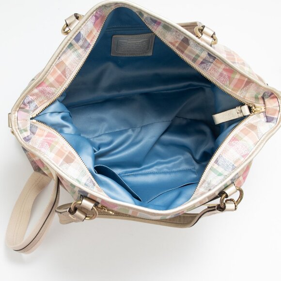 Coach Poppy Daisy Signature Madras Plaid Print Pink Rocker 2-Way Tote Bag Gold - Picture 4 of 13